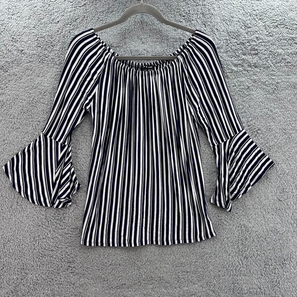 Cable & Gauge Small Blue White Striped Shirt‎ Nautical Flounce Sleeves Flowy